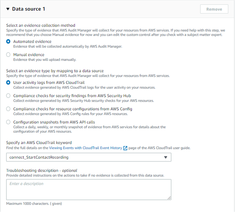 configuration of a custom control for a data source for the Amazon Connect action of interest