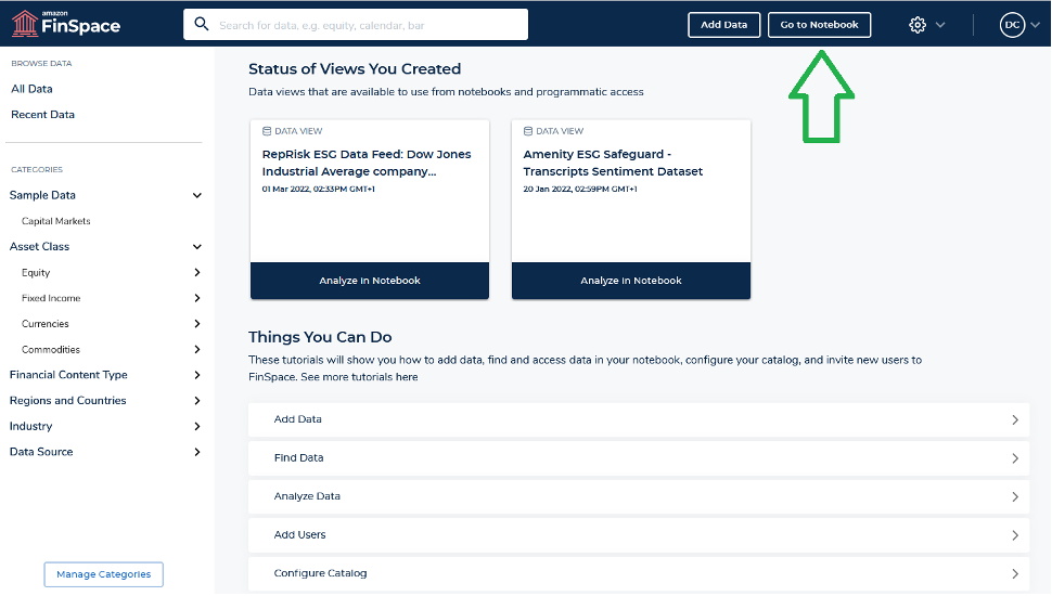 Figure 5: Click on Go to Notebook to go to FinSpace managed Jupiter notebook