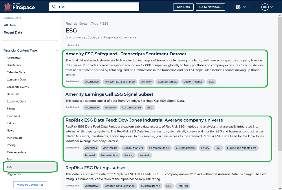 Searching for ESG dataset in FinSpace data catalog
