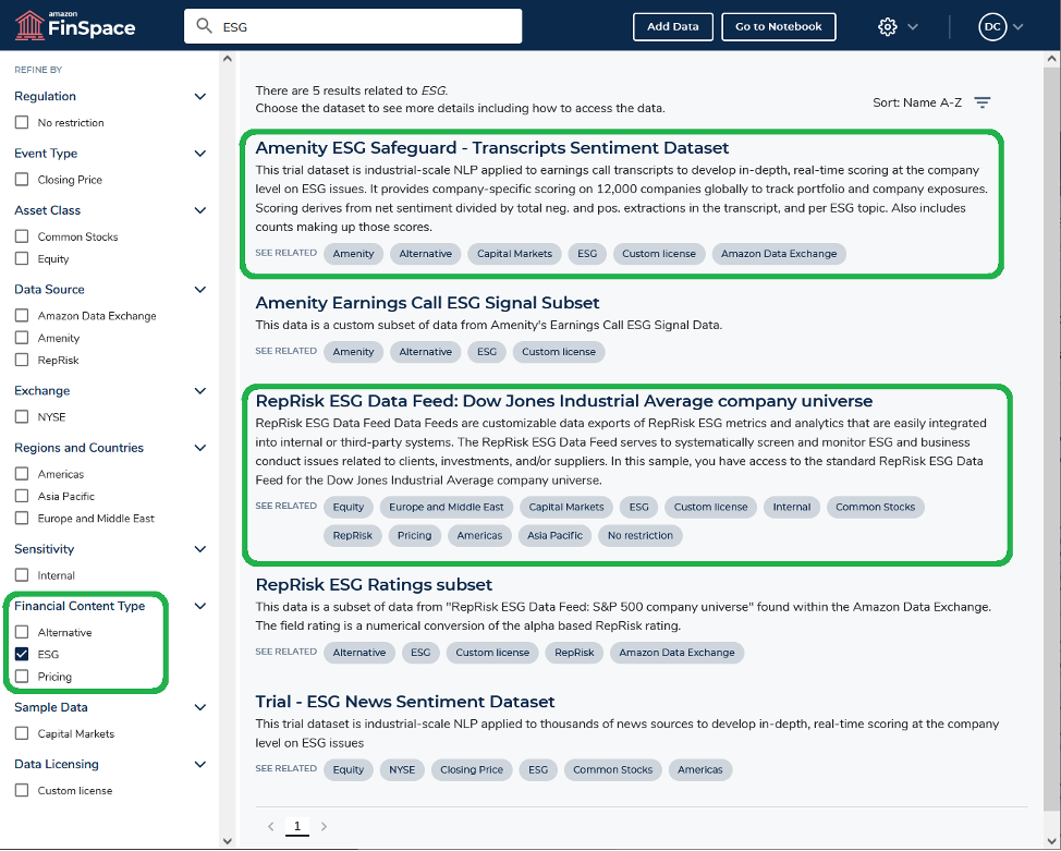 Figure 4: Using FinSpace data catalog to filter search results