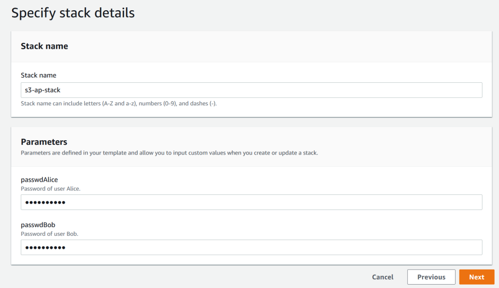 Figure 2: Enter passwords for the IAM users on the stack details page