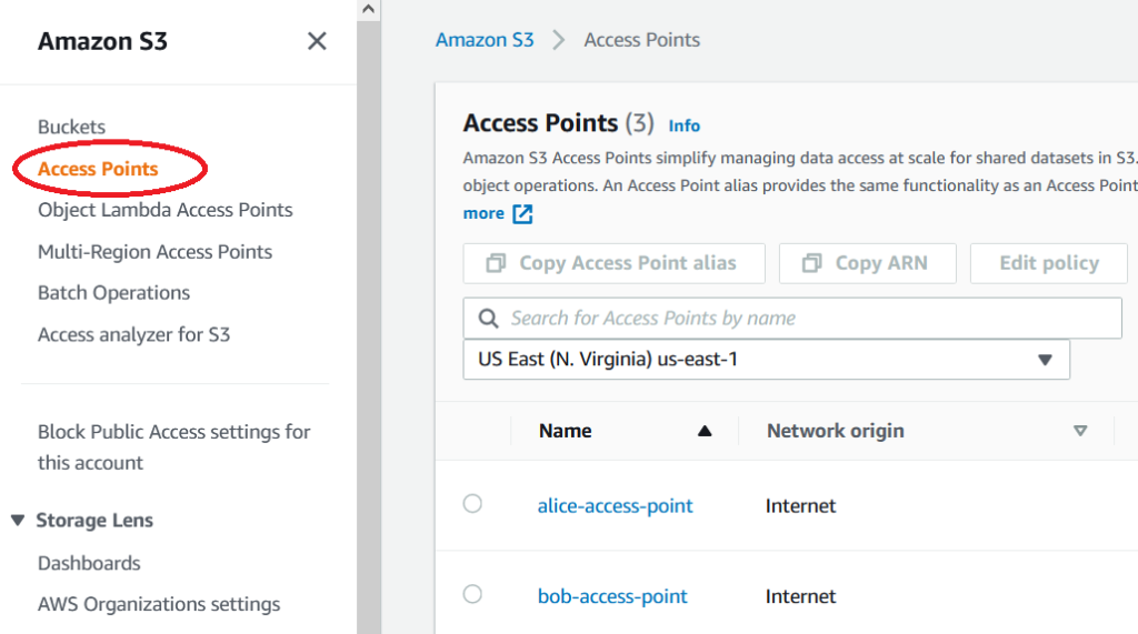 Figure 3: Accessing Amazon S3 Access Points within the Amazon S3 console