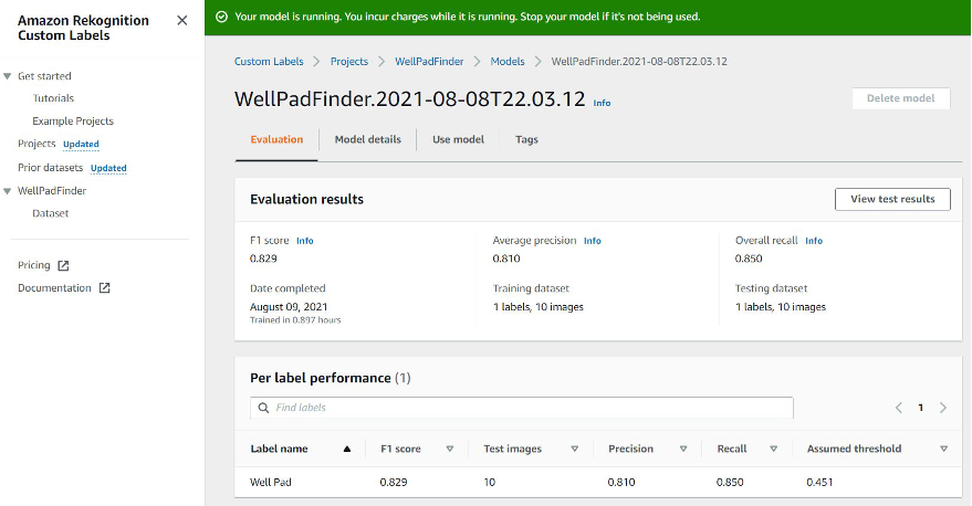 Amazon Rekognition Custom Labels user interface showing evaluation results for the model including an F1 score of 0.829 based on 10 training and 10 test images