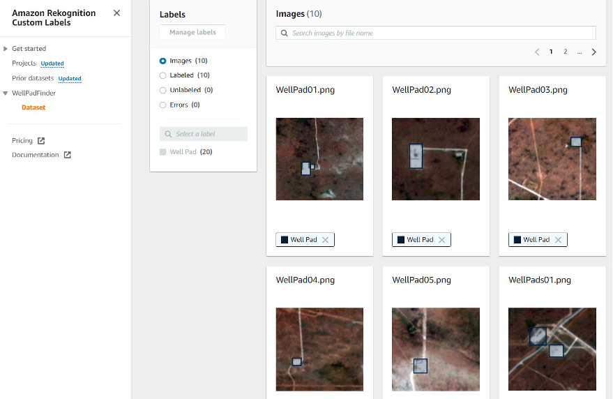 Amazon Rekognition Custom Labels user interface showing examples of user-labeled satellite images of well pads