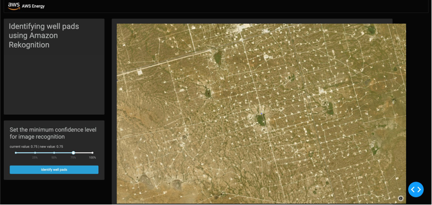 Plotly Dash user interface hosted on Amazon AppRunner showing satellite image of West Texas oil fields