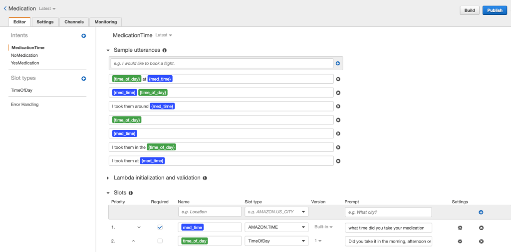 Sample utterances configured for MedicationTime intent
