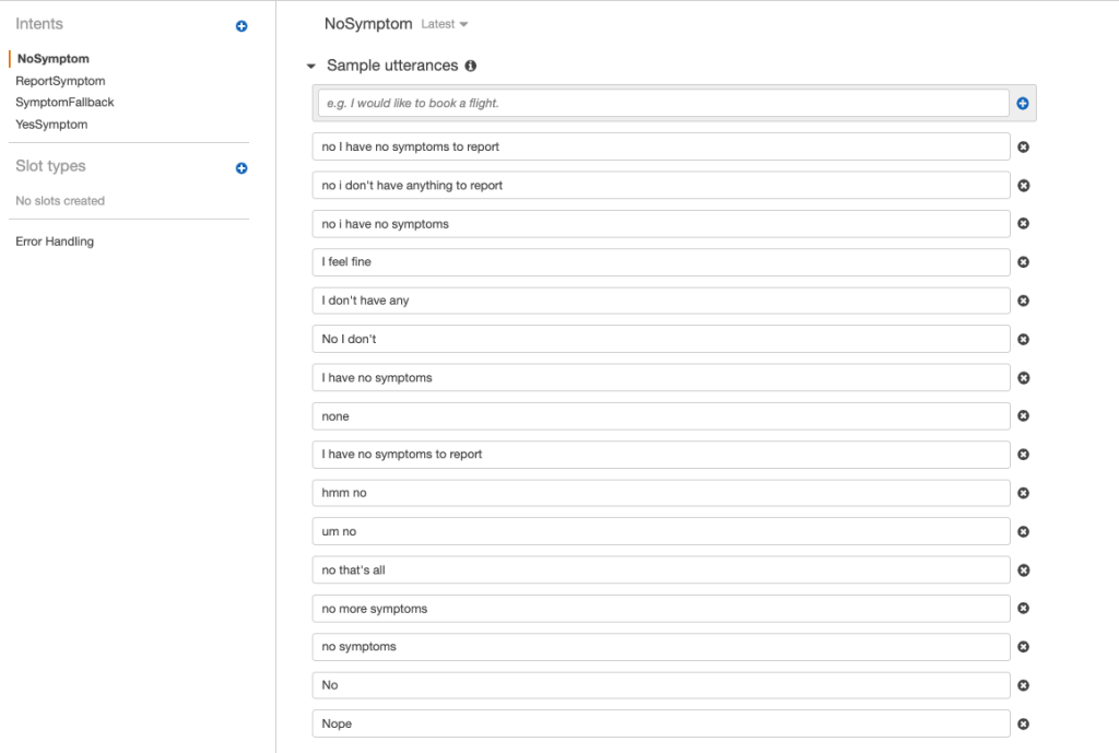 Sample utterances configured for NoSymptom intent