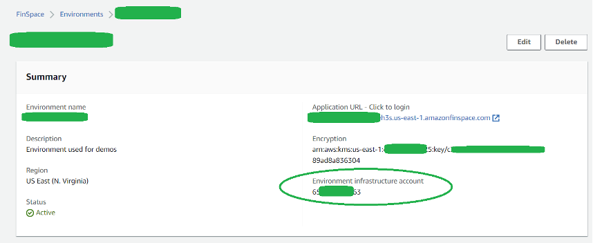 Figure 11: FinSpace Environment infrastructure account is available in the environment Summary.