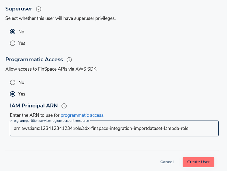 Figure 7: Figure showing how to configure the FinSpace user used by the integration