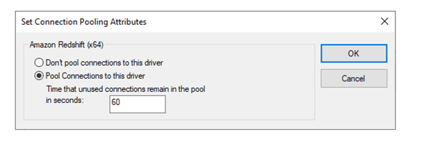 Navigate to the Connection Pooling and enable “Pool Connections to this driver” for 60 seconds