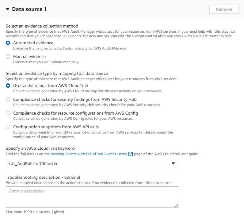 Custom control for a data source for RDS action of interest