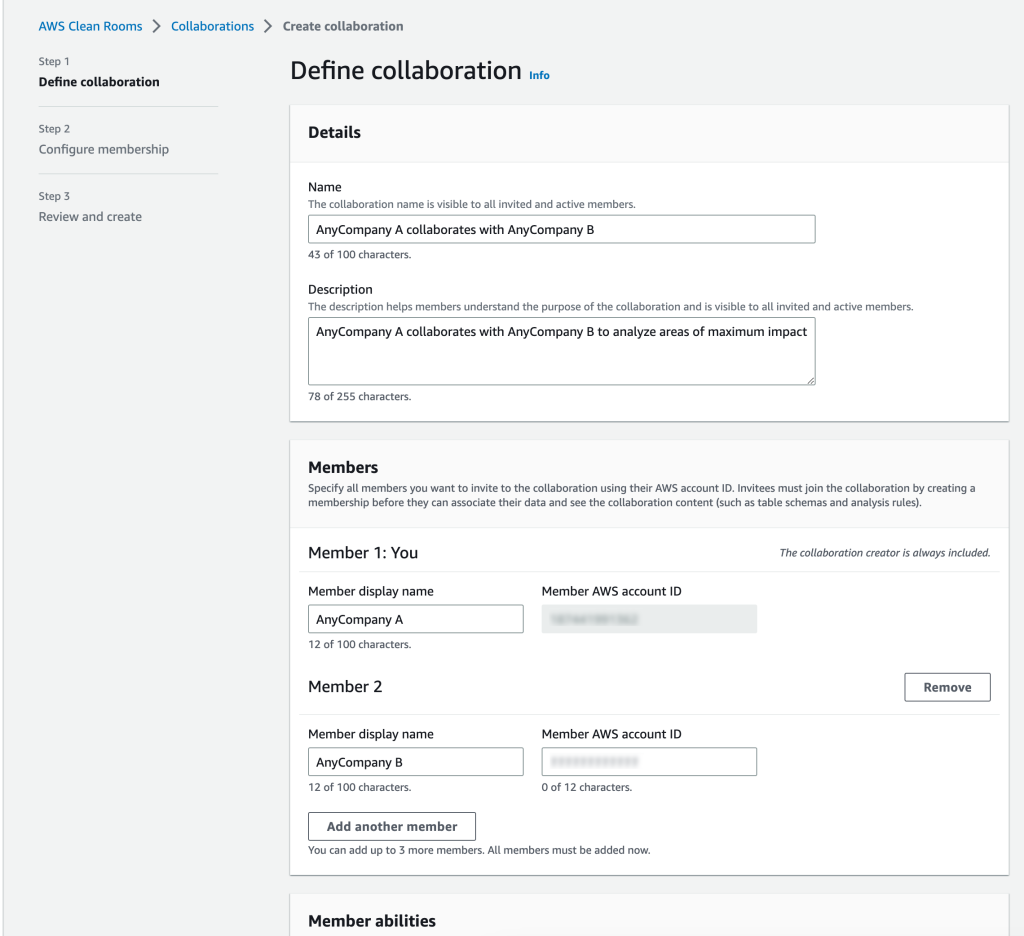 Figure 11 Defining a collaboration in AWS Clean Rooms
