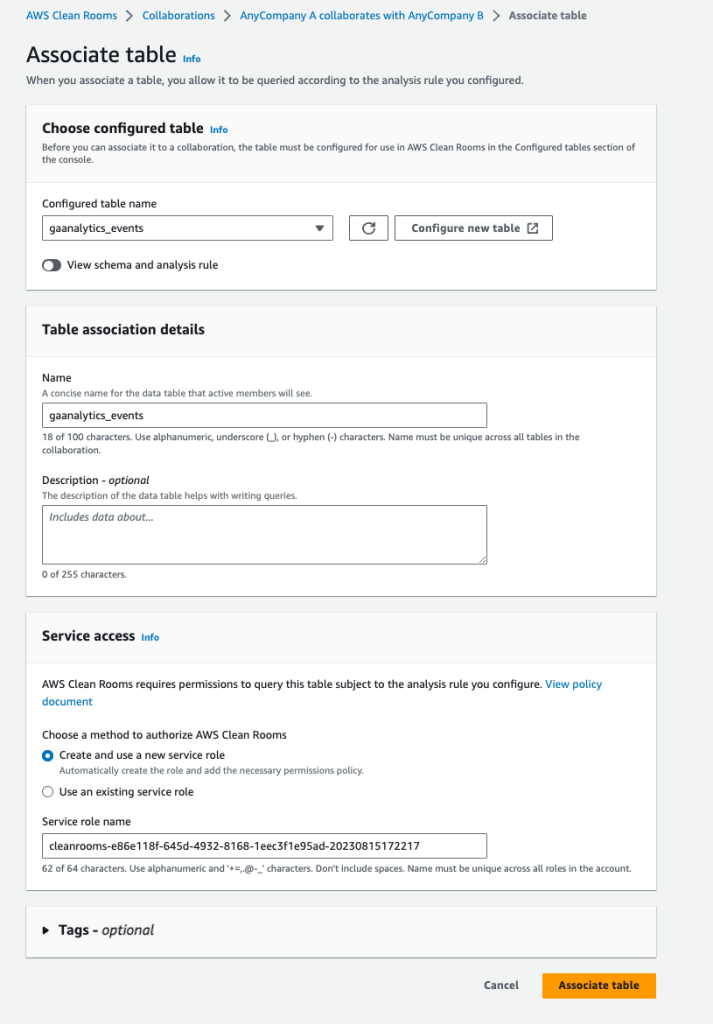 Figure 19 Creation of role to associate the table with the collaboration