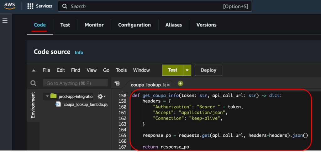 Example of Lambda code in the AWS Console Lambda interface. This function places a GET request to the Coupa API url. This will return information about a PO defined by the token.