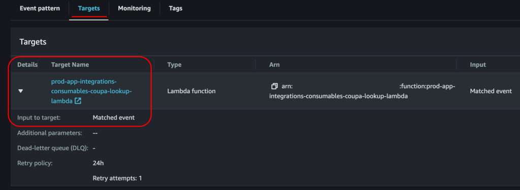 The result of this matched event will be to call the target Lambda that executes the Coupa lookup function.