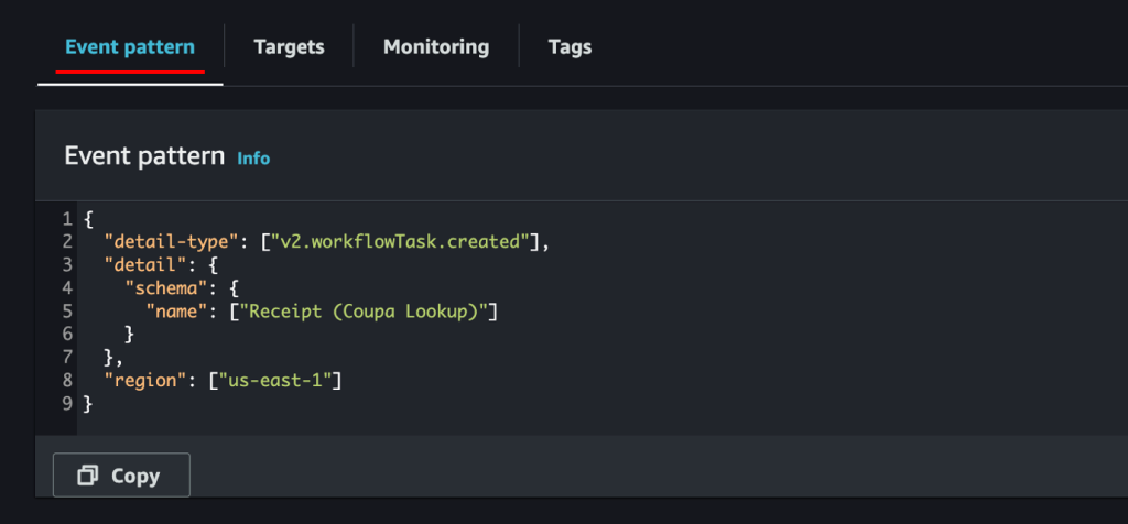 The result of this matched event will be to call the target Lambda that executes the Coupa lookup function.