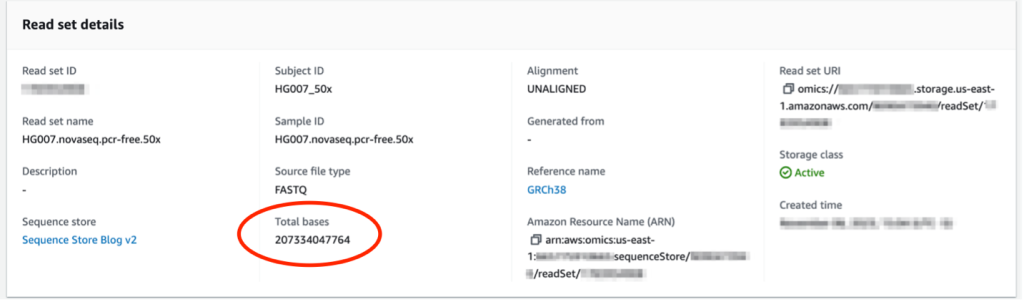 Figure 3 Read set details from AWS HealthOmics sequence store on AWS Console