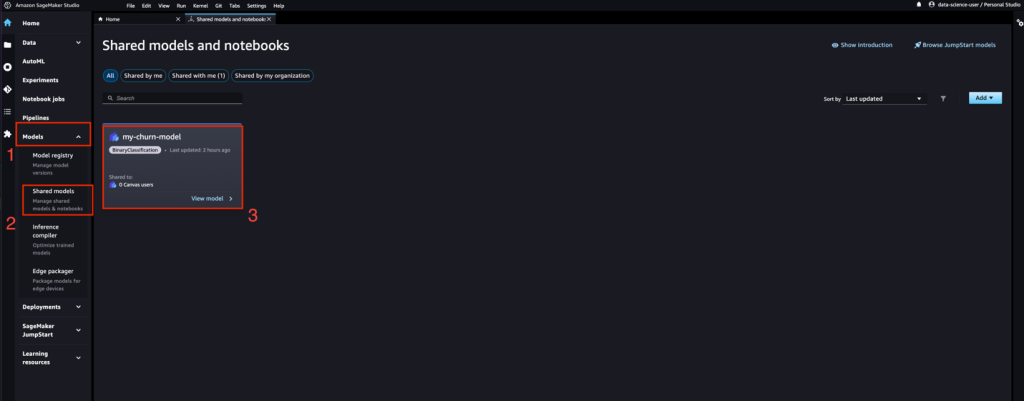 Navigating to the shared Canvas model in SageMaker Studio