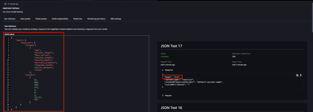 Testing the model endpoint using the SageMaker Studio JSON editor