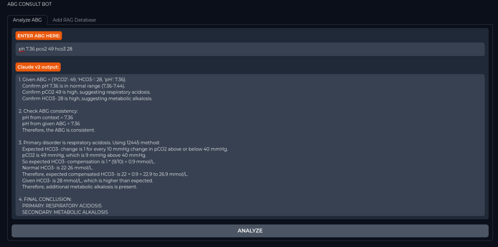 Figure 2 Example input to and output from the LLM called “ABG CONSULT BOT”