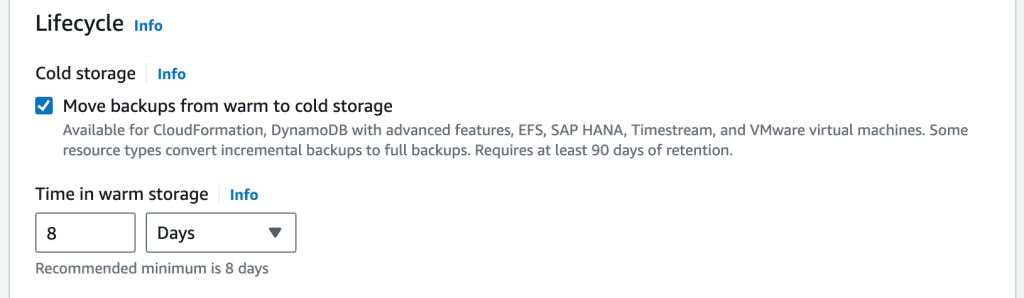 Figure 3. Rule configuration for transition to cold storage in AWS Backup