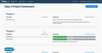 Steps for uploading an input data sample to Basepair platform.