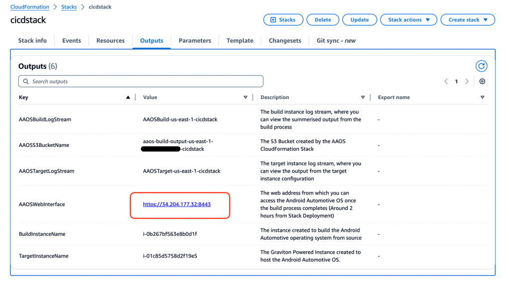 Figure 11 – Refer to the Outputs Tab in CloudFormation for Web Address to Your AAOS Instance