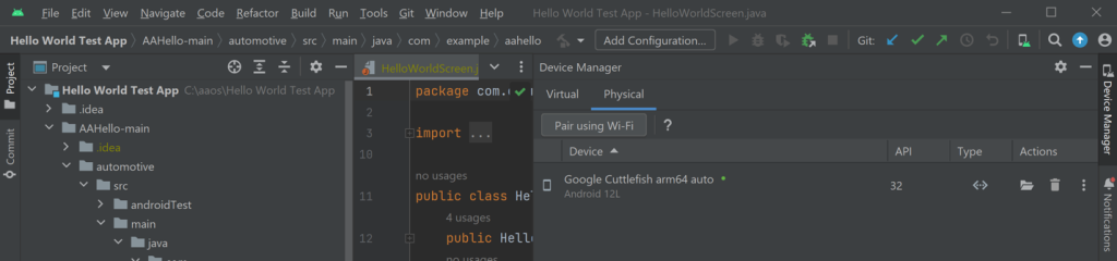 Figure 15 – Your Remote AAOS Device Shown Connected as a Physical Device in Android Studio Device Manager