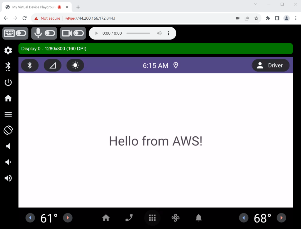 Figure 17 – Our Basic Android Application Appears on the AAOS Device Running on Amazon EC2 Graviton