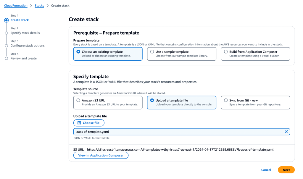 Figure 3 – Create Stack in AWS CloudFormation Console Using Provided YAML File