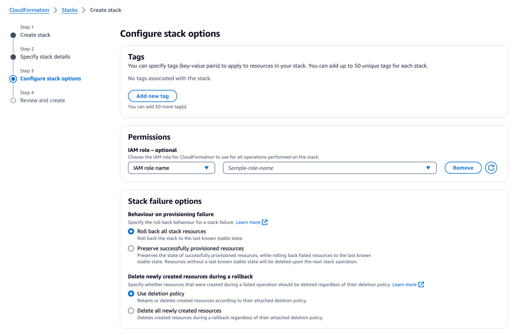 Figure 5 – Configure Stack Options in AWS CloudFormation
