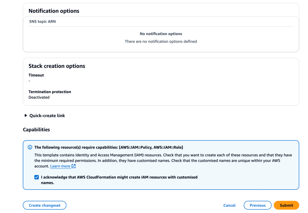 Figure 7 – Review AWS CloudFormation Stack Details and Click Submit to Create Stack