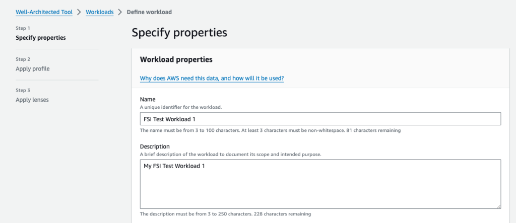 Specify properties screen allows to enter properties for a new workload.
