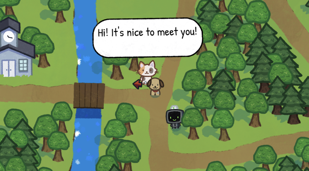 The player explores the island (walking along various paths) and encounters a non-player character (a cat) who chats with the user. A schoolhouse and Dr. Robot can also be seen on the island amidst a forest with a river.