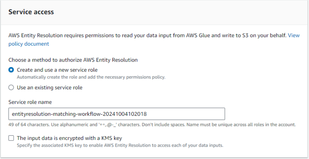 Figure 14 – AWS Entity Resolution create matching workflow, IAM Role selection 