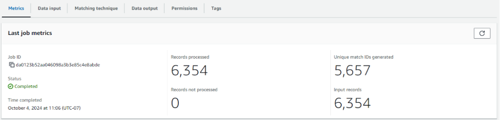 Figure 17 – AWS Entity Resolution matching workflow run statistics 