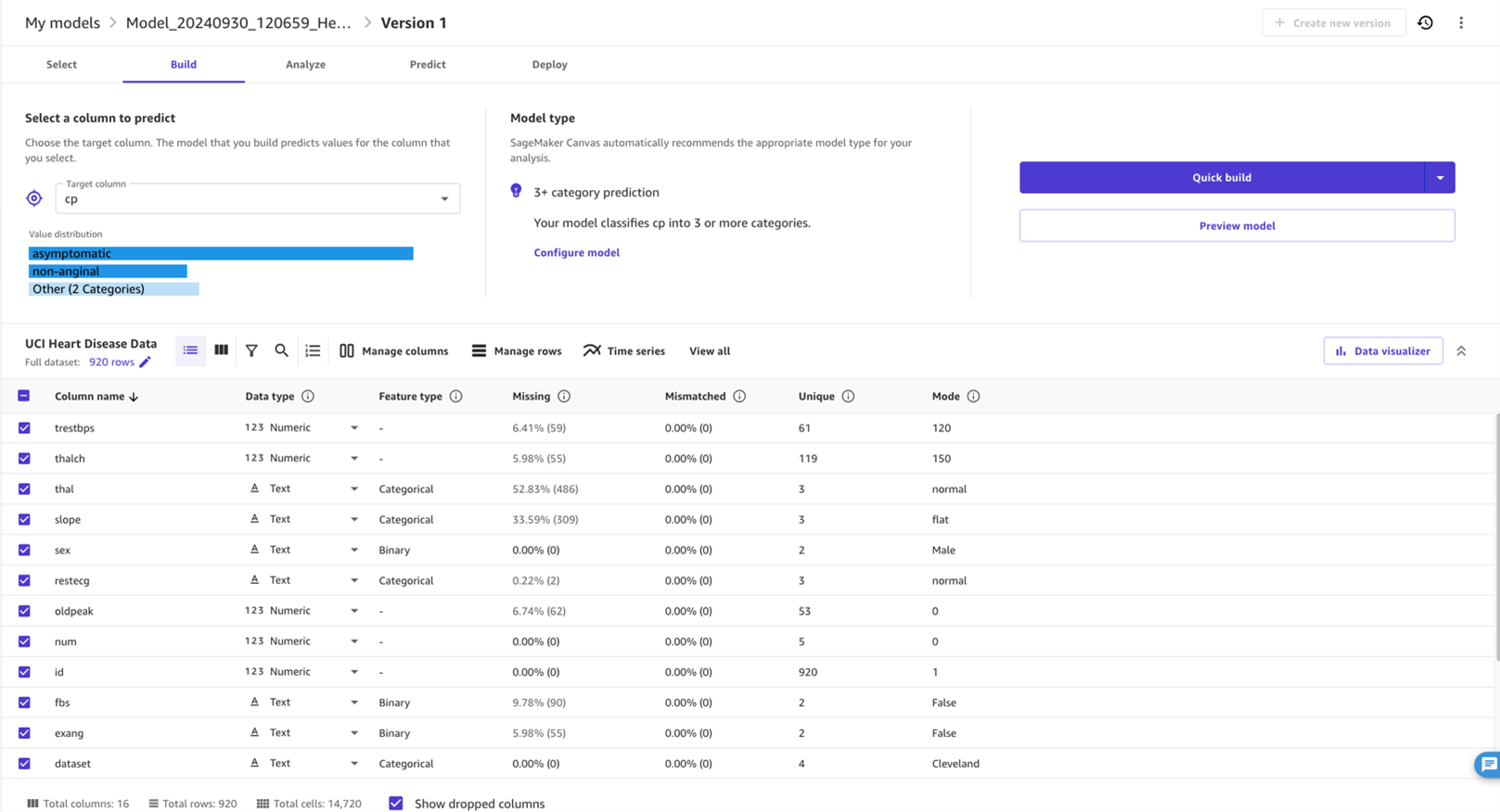 Figure 5- In the Build tab we initiate the model building by specifying the target column as chest pain (cp) and selecting Quick build.