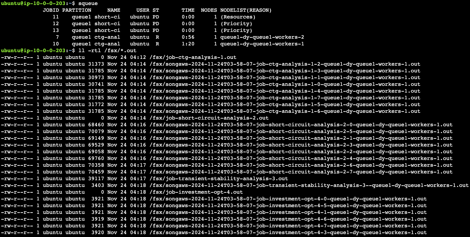 Figure 6. Job queue status and output results (accessible by cluster admin)