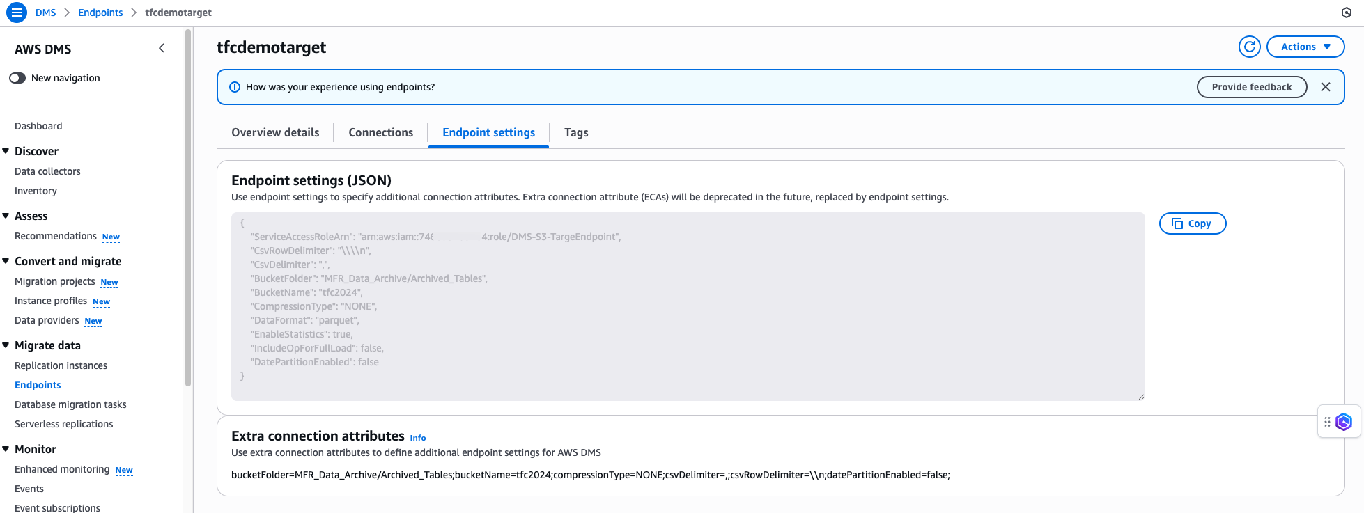 DMS Target Endpoint settings.