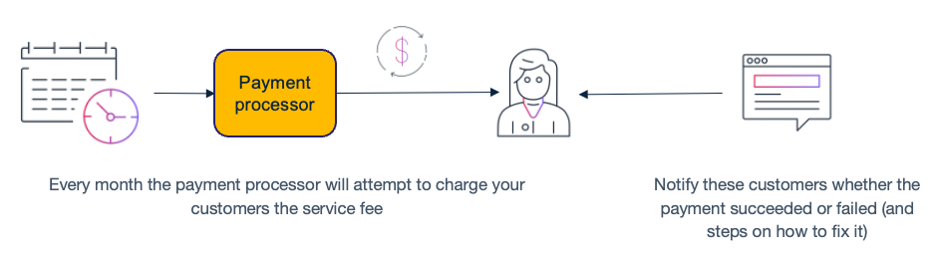 Payment processing workflow diagram showing monthly charge attempts and customer notifications for success or failure