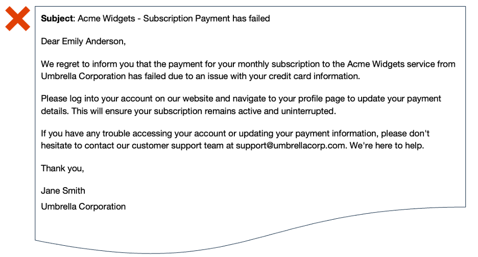 Failed payment email notification example to customer about subscription payment issue and fix steps