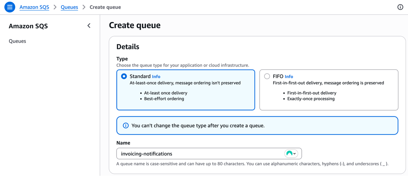 Amazon SQS queue creation interface showing Standard and FIFO queue type options with delivery characteristics