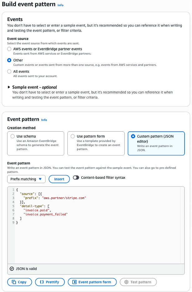 EventBridge rule configuration interface with event source selection and JSON event pattern editor