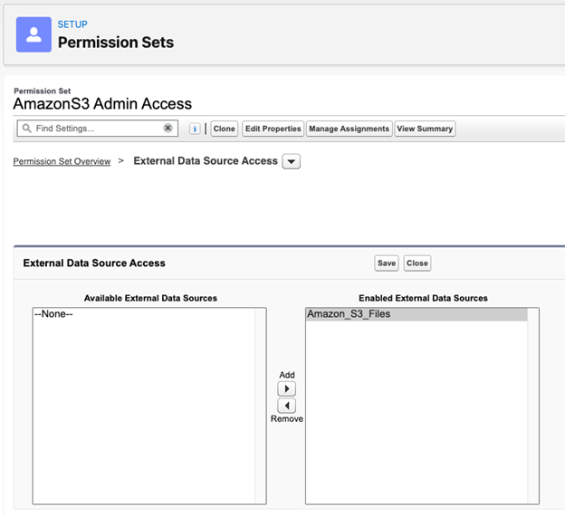 Figure 13: Permission Sets, AmazonS3 Admin Access, External Data Source Access screen