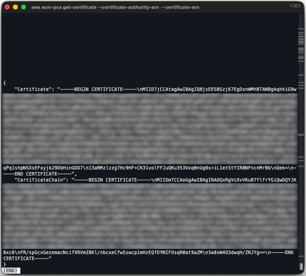 Figure 2: Sample output from AWS Private Certificate Authority get-certificate request