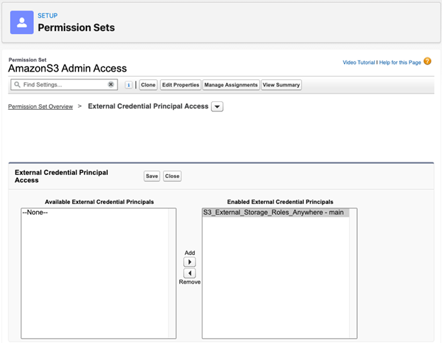 Figure 9: Permission Sets, AmazonS3 Admin Access, External Credential Principal Access screen