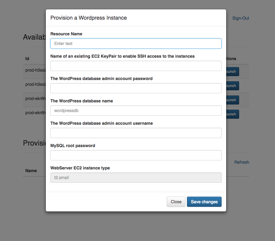 Provision a WordPress instance dialago box