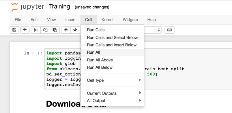 Start the training in the Jupyter notebook with *Cell -> Run All*.