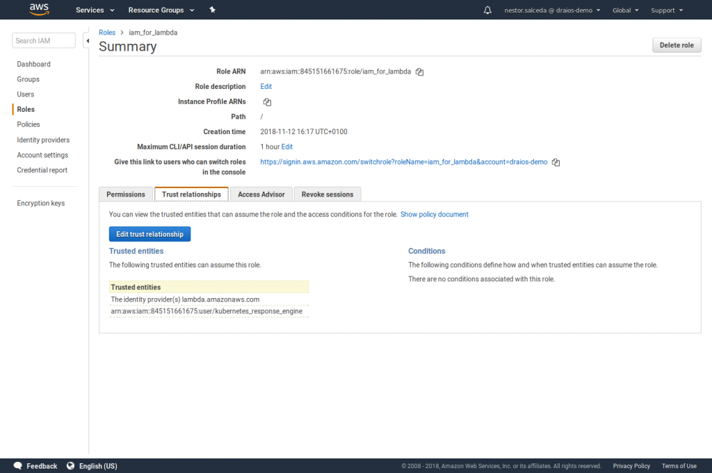 IAM for Lambda summary screen