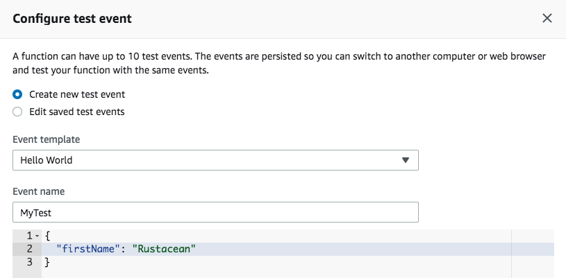Configure test event for AWS Lambda function